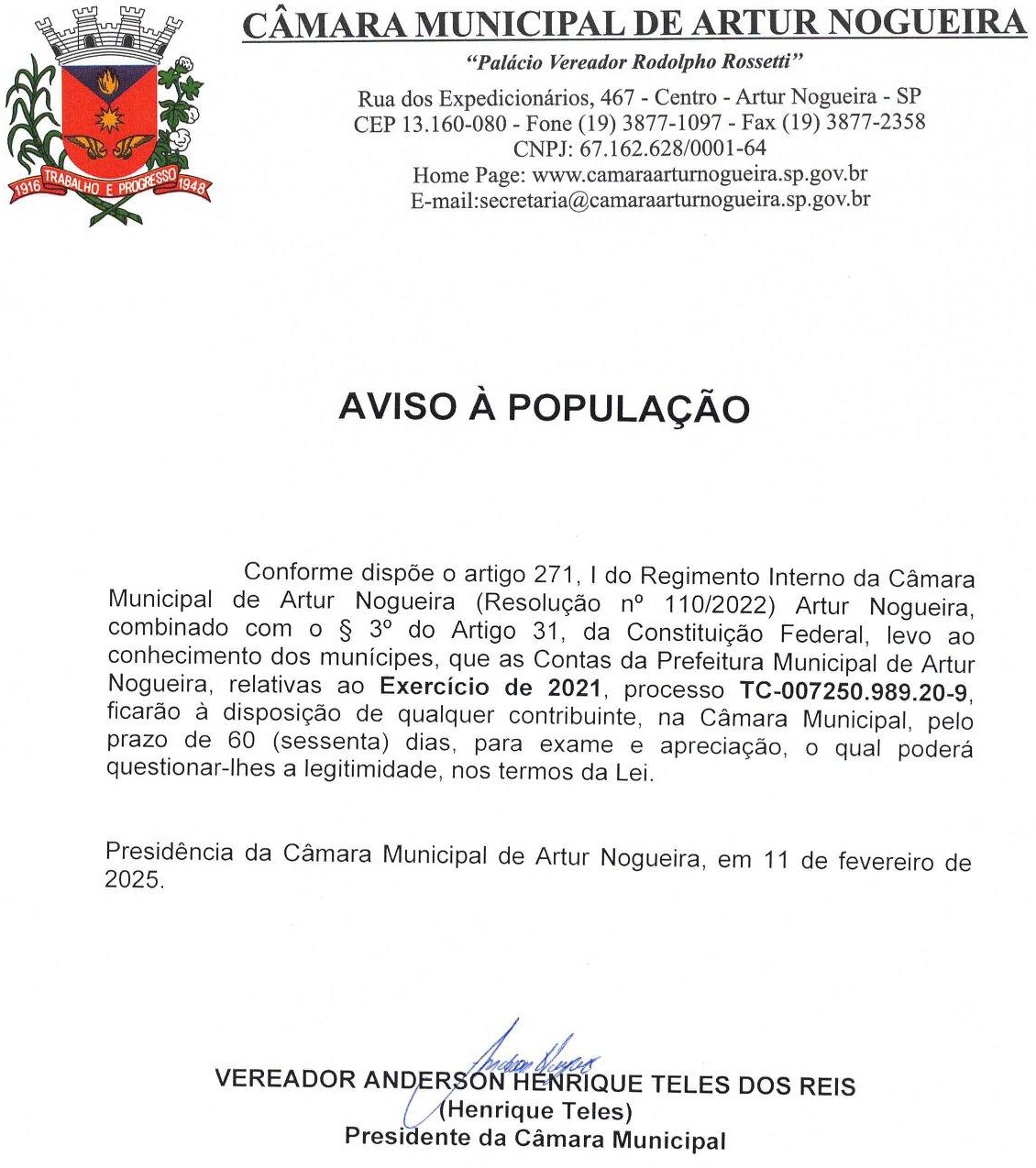 AVISO À POPULAÇÃO CONTAS 2021