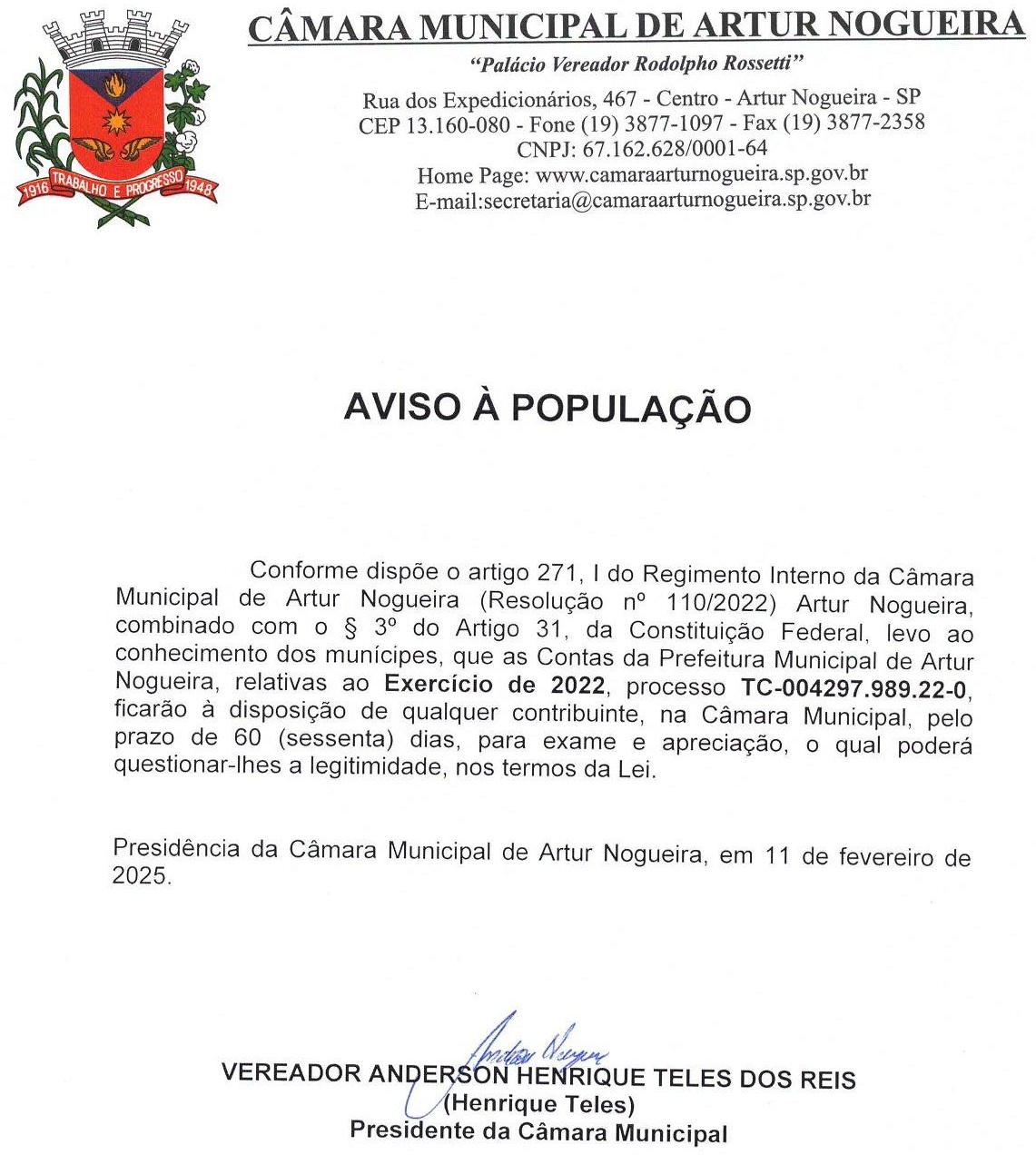 AVISO À POPULAÇÃO CONTAS 2022